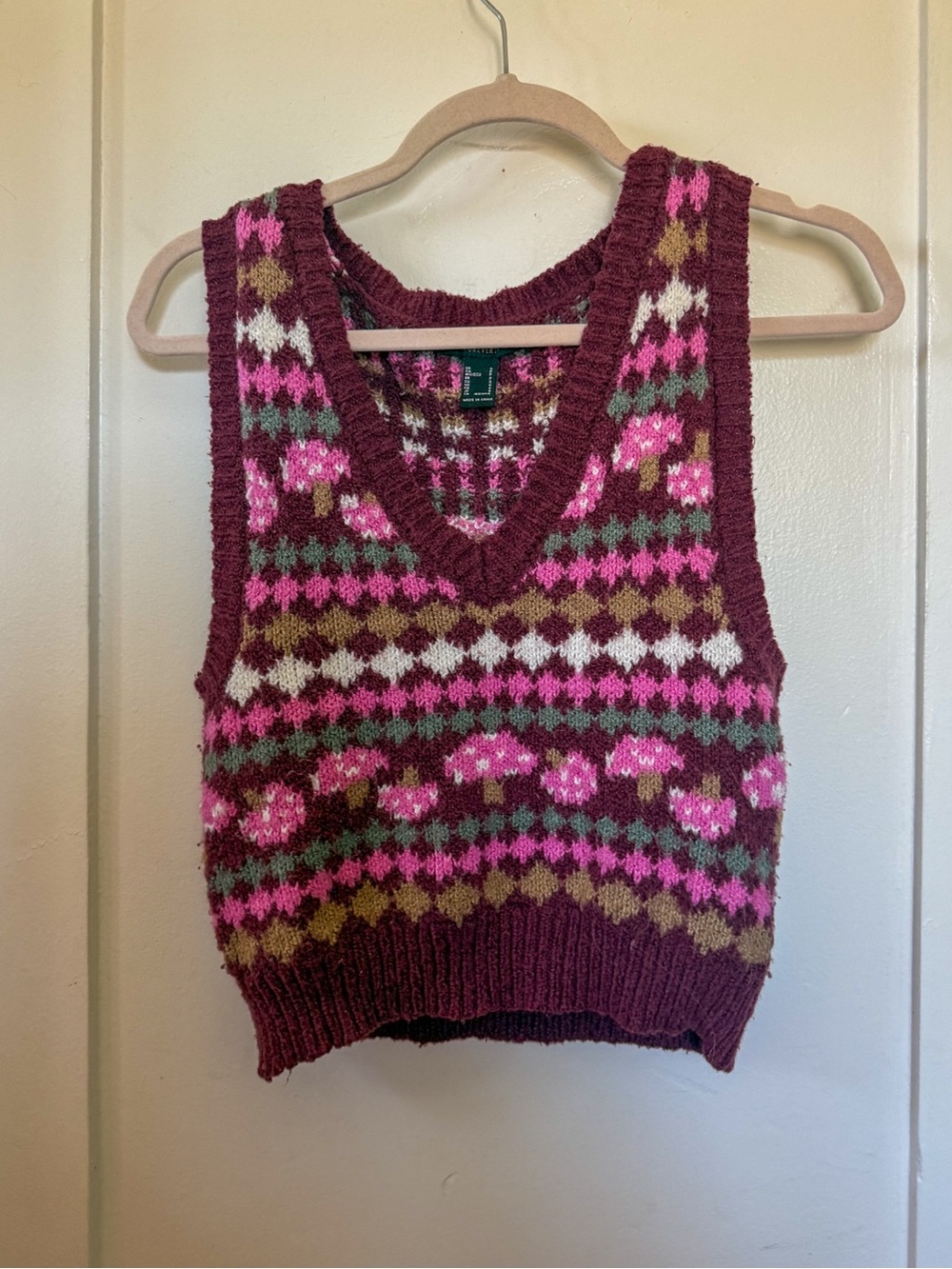 Forever 21 Burgundy Fair Isle V-Neck Sweater Vest with Pink & Olive